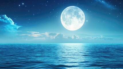 Still ocean surface glows beneath full moon, night sky and water merging in a peaceful, silver-lit horizon