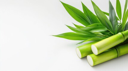 Studio-lit sugarcane bundle with lush green leaves, sharp focus and white backdrop emphasizing freshness and vitality
