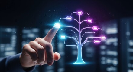 AI Decision Tree Hologram. Futuristic Data Flow Interface.