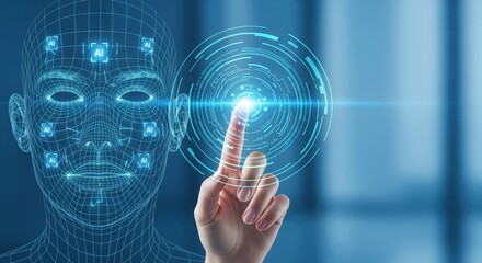 AI Facial Recognition Hologram. Futuristic Scan Grid Interface.