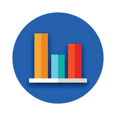 Bar chart icon with three vertical bars of different colors on a blue circle background vector 3d icon