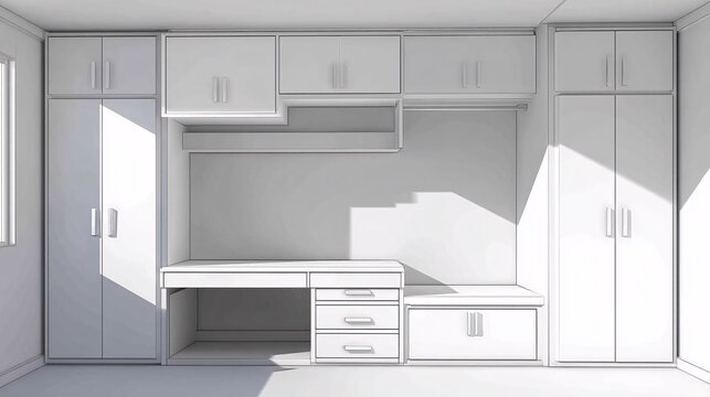 closet room inside condominium illustrated with foldable doors, hanging area, small drawers, shoe rack, and subtle shadows, with white background and empty space for text placement closet room, 