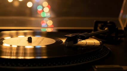 Close-up of a vinyl record spinning on a turntable with bokeh lights in the background, creating a nostalgic and warm atmosphere.