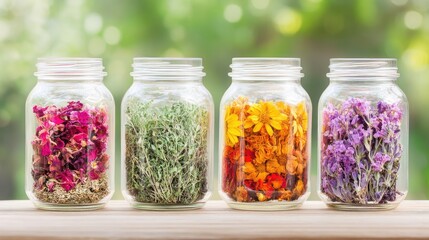Transparent jars of dried herbs and flowers showcase vibrant colors and rustic charm on a natural wood surface