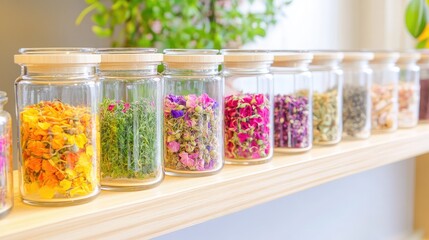 Vibrant herbal blends and petals in clear jars line a wooden shelf, representing natural wellness and aromatics