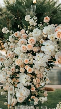 Beautiful arrangement of white and blush flowers creates a stunning backdrop for an outdoor gathering during sunset