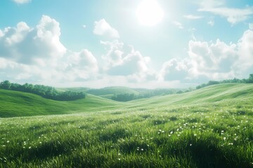 A vibrant green wheat field stretching into the distance under a clear blue sky . isolated on transparent background