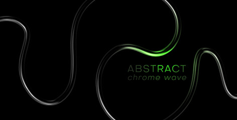 Abstract black template with chrome metal 3d wave shape. Futuristic ribbon swirl shape bg. Liquid 3d line, steel curve figure, glossy tube wave. Tech futuristic ribbon. Vector abstract illustration