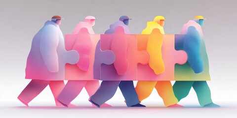 Colorful people integrated as puzzle pieces walking together