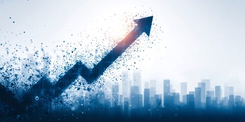 Growing business arrow with data particles over city panorama
