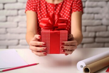 Person holding a red gift box with a large bow
