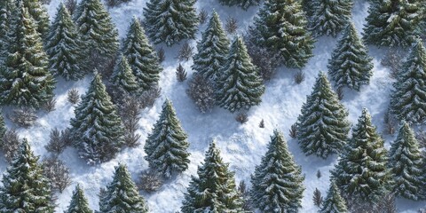 Obraz premium A snowy forest with many pine trees. The trees are covered in snow. The snow is white and fluffy