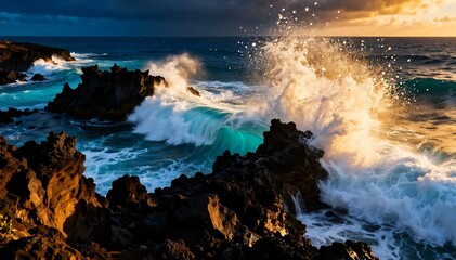 Fototapeta premium Golden light illuminates foamy ocean waves crashing on dark volcanic shoreline