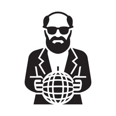 Icon of a bearded man wearing sunglasses and holding a globe, representing global business or power