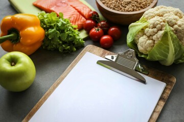 Healthy food ingredients and clipboard for meal planning