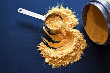 Scoop of protein powder next to an open container