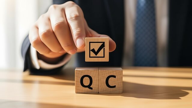 Quality control concept with hand holding wooden block with checkmark on top of qc block on desk in office setting