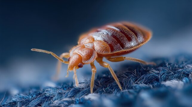 A bed bug crawls on fabric showing its striped body and small legs. The focus is on the insect's details and textures, illustrating its small size and features