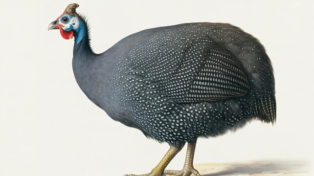 Detailed vintage scientific illustration of a helmeted guineafowl showcasing its distinctive spotted plumage and colorful head features against white