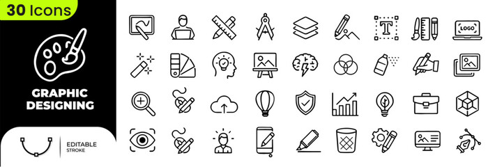 Minimal Graphic Design Icon Set — Clean Outline Vector Symbols for Creative UI/UX and Digital Design