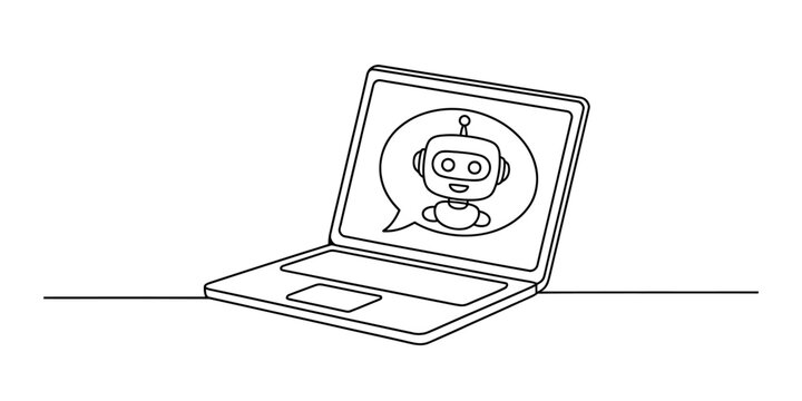 Minimalist continuous line art drawing of a laptop displaying a chatbot robot icon on its screen Vector, illustration