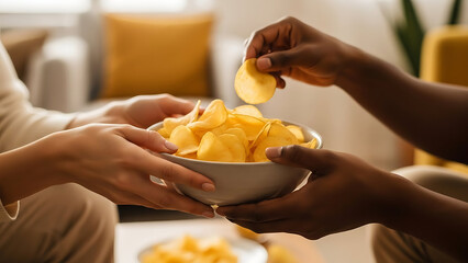People Sharing Bowl of Potato Chips