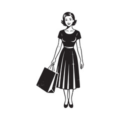 Elegant vintage illustration featuring a smiling woman carrying shopping bags