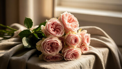 Fototapeta premium Pink Rose Bouquet on Soft Beige Cloth