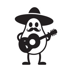 Simple black and white icon of a cartoon avocado character playing a guitar