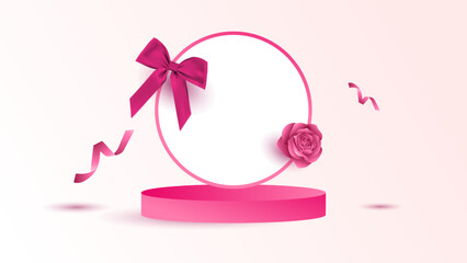 A $\text{3D}$ rendering of a pink product podium on a soft gradient background, featuring a minimalist round frame tied with a large magenta ribbon bow and one pink rose bloom. Floating streamers crea