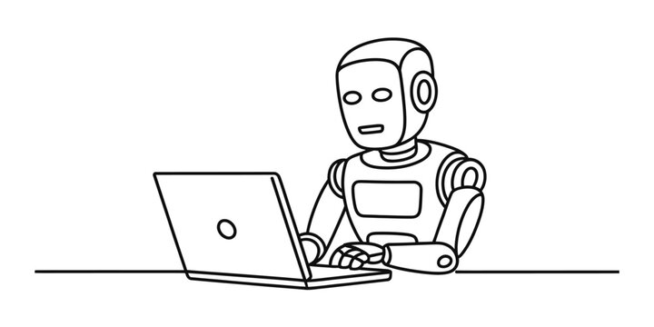 A simple line drawing illustration of a robot sitting at a desk and working on a laptop computer Vector, illustration