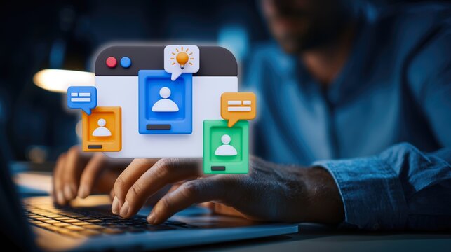 Person typing on laptop with digital icons of user profiles and chat bubbles, representing social connection, online communication, and digital community. Concept of networking, interaction - Powered by Adobe