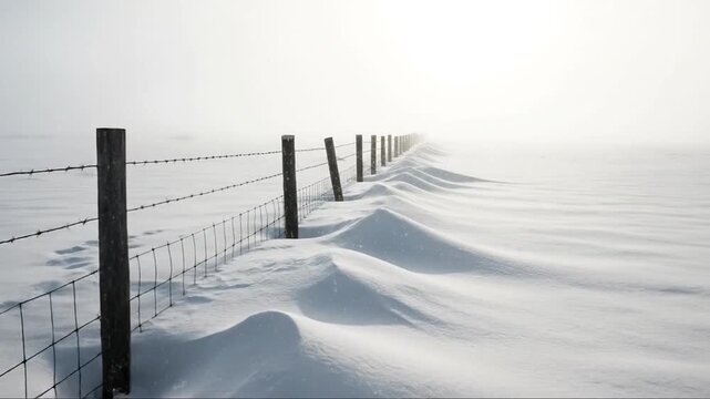 Serene Winter landscape featuring snow-covered fencing and foggy horizon