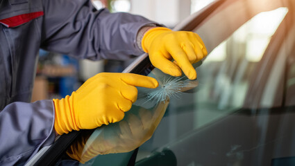 Close-up of a car technician wearing yellow protective gloves inspecting a small chip on a windshield in a workshop, highlighting vehicle safety, maintenance, and professional auto glass repair