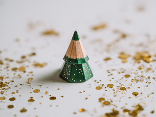 Green pencil shaped like a minimalist christmas tree standing on a white surface with shimmering golden glitter