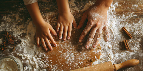 Hands of mother and child flattening cookie dough on a wooden table, preparing festive homemade pastries together christmas