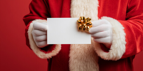 Santa claus' hands in white gloves presenting an empty gift card with a gold bow against a red background, offering copy space  christmas