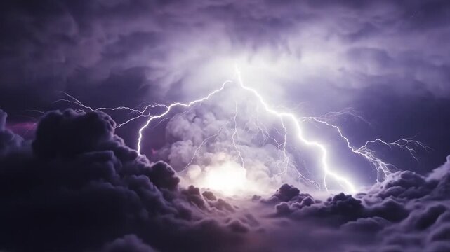 Bright lightning strike pierces dark swirling purple storm clouds above a dense cloud layer