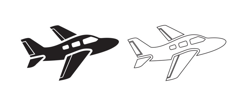 Flying airplane vector icon set in black silhouette and outline style