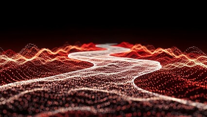 Glowing digital path through an abstract landscape of vibrant red and orange particles