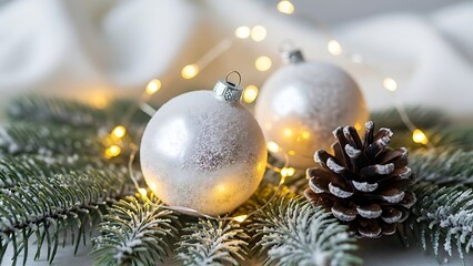 Sparkling white christmas ornaments, a pine cone, and snowy evergreen branches with warm lights