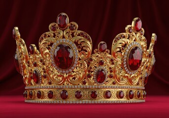 Fototapeta premium Ornate golden regalia adorned with deep red gemstones rests upon rich crimson fabric