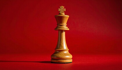 Wooden Chess King Piece Symbol of Leadership Strategy and Power on Bold Red Background for Game Inspiration and Metaphorical Visuals in Branding Motivation and Competitive Intelligence Concepts