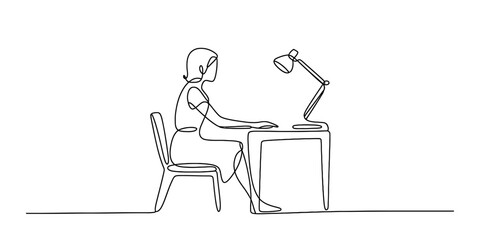 Continuous line drawing of a woman focused on her work at a minimalist home office desk Vector, illustration