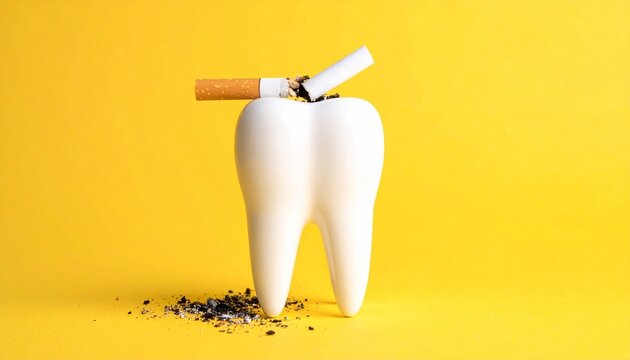 Broken Cigarettes and Clean White Tooth Against Yellow Background Symbolizing Smoking Damage to Oral Health and Promoting Dental Hygiene Awareness for Anti Tobacco Campaigns and Public Health Educatio