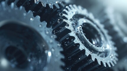 Metallic gears with water droplets and sleek surface, representing machinery, engineering, and industrial precision. Concept of mechanical design, technical innovation, and industrial efficiency