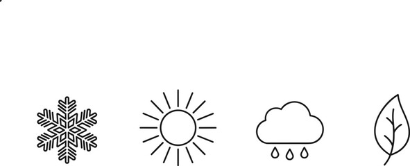 A linear black and white icon set representing four major seasons and weather conditions: snowflake for winter, sun for summer, rain cloud for autumn, and a leaf for spring.