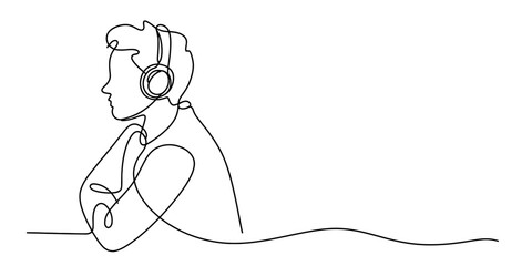 Continuous line drawing of a person listening to music on headphones Vector, illustration