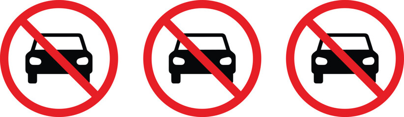 Three identical red and black circular warning signs indicating "No Vehicles" or "No Parking," symbolizing traffic restrictions, road rules, and prohibited car entry zones.