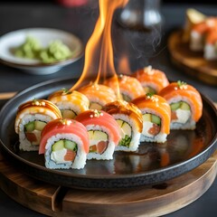 Sushi rolls on fire on a black plate